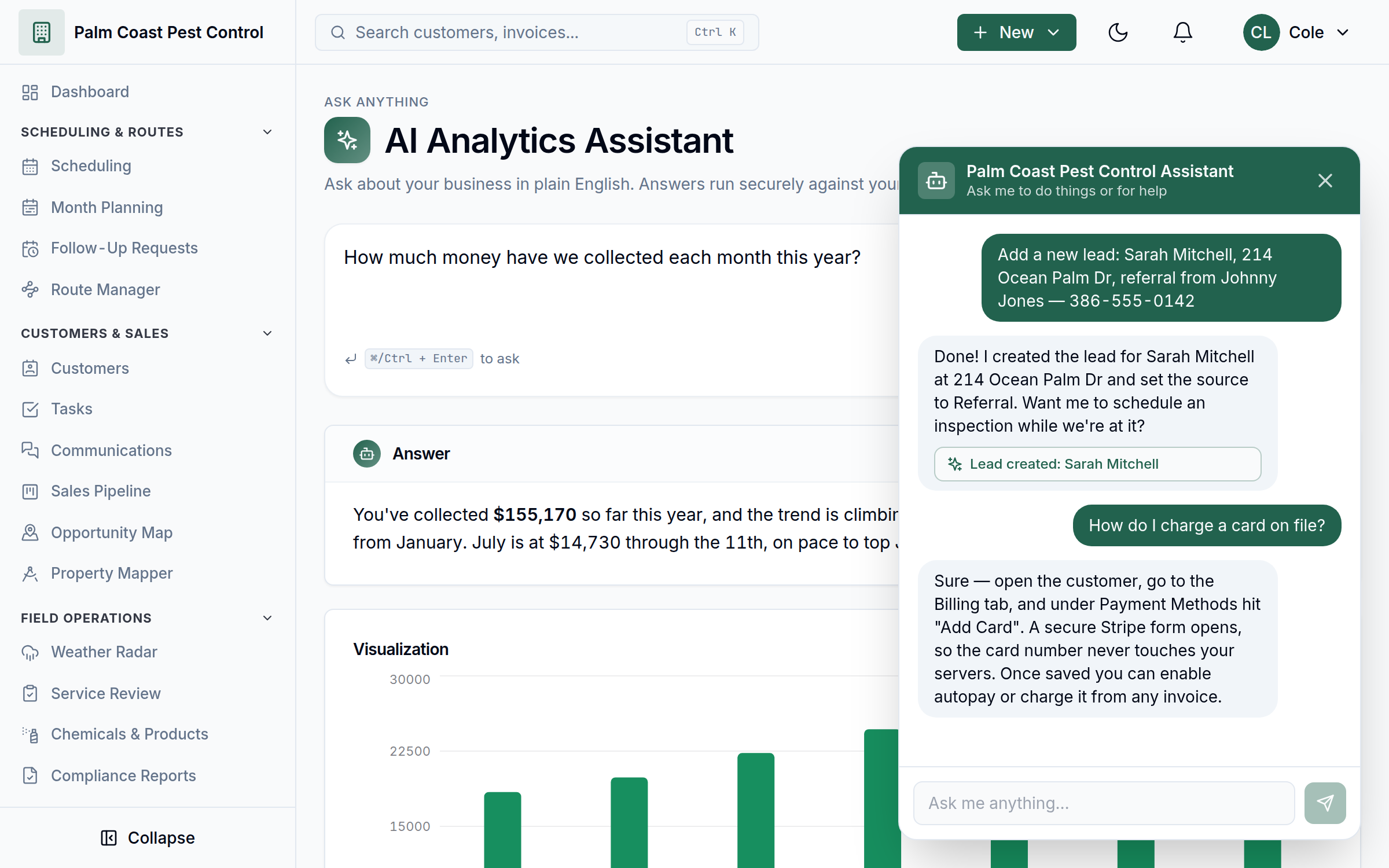 WebWork AI Analytics Assistant answering a collected-revenue question with a chart, while the branded AI Support Assistant creates a lead by chat