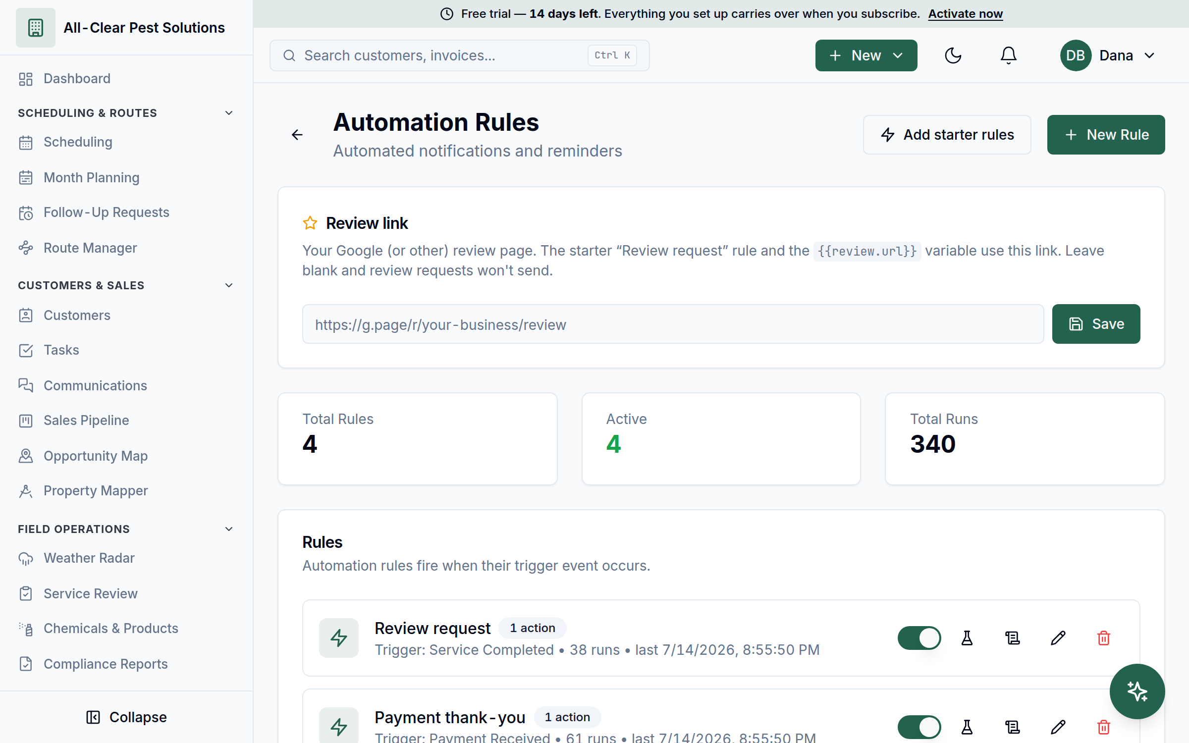 WebWork automation rules screen with active rules for review requests and payment thank-yous, run counts, and trigger events