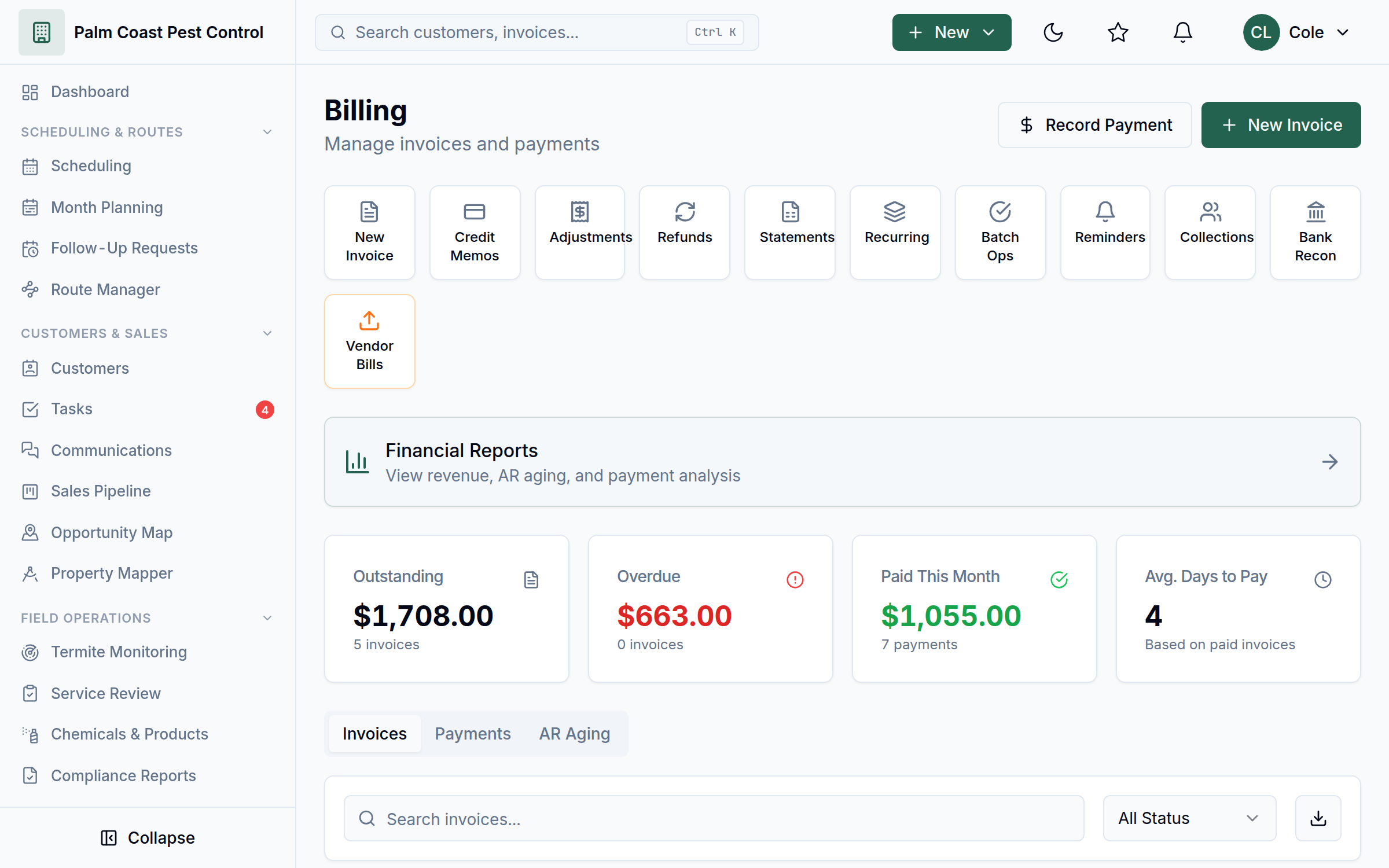 WebWork billing screen with invoice list, payment statuses, and monthly collections
