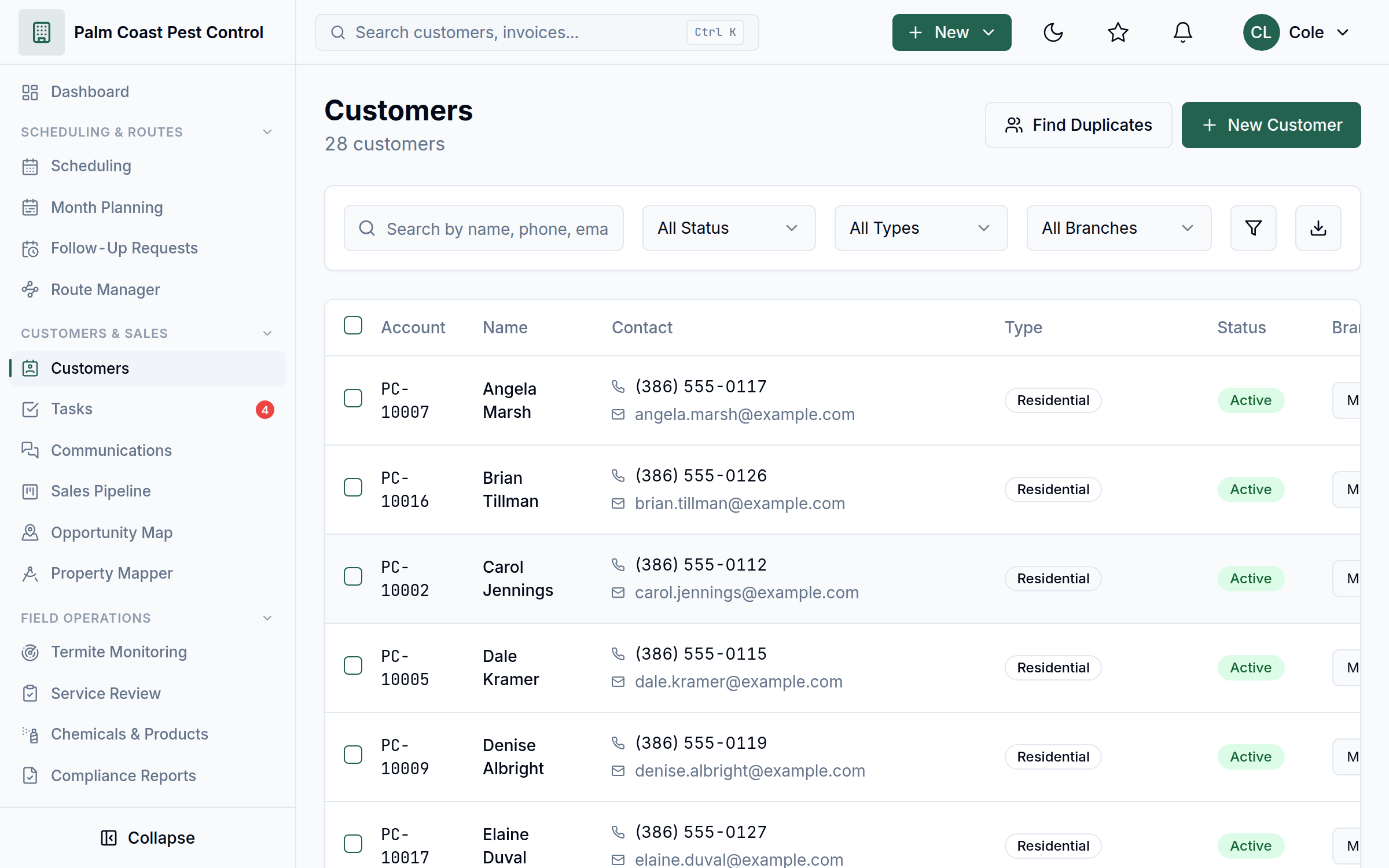 WebWork customer list with account details and balances