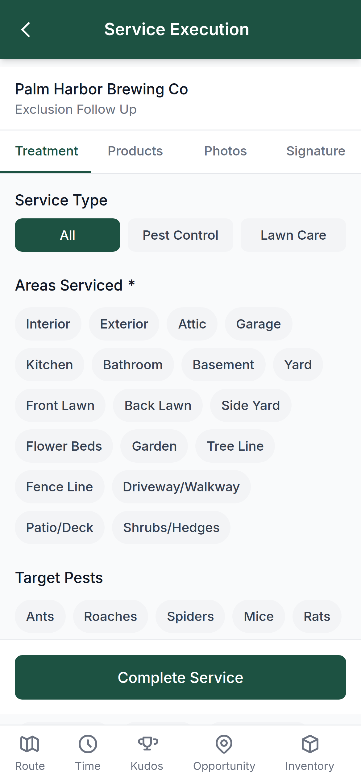 WebWork technician app service ticket with areas, target pests, and completion
