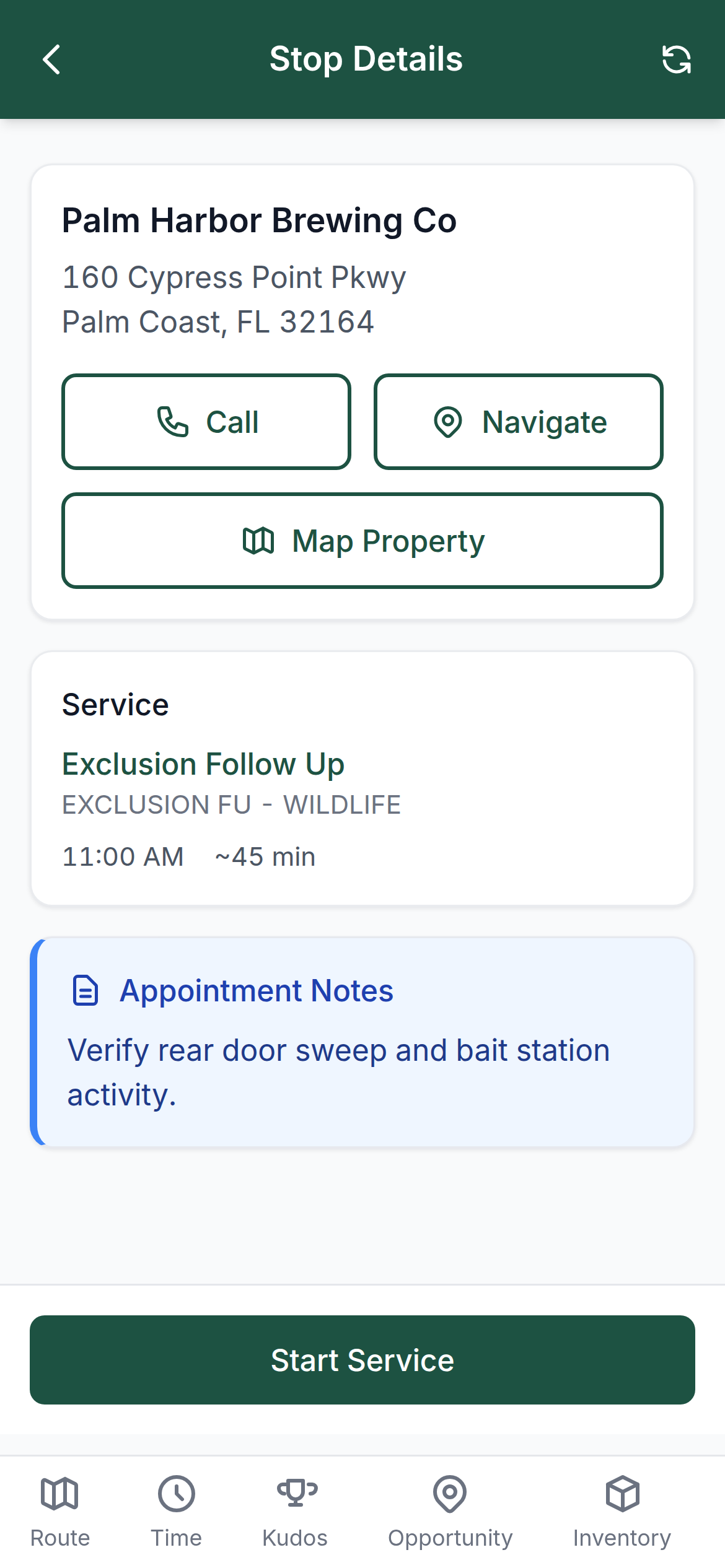 WebWork technician app stop details with one-tap call, navigate, and property map