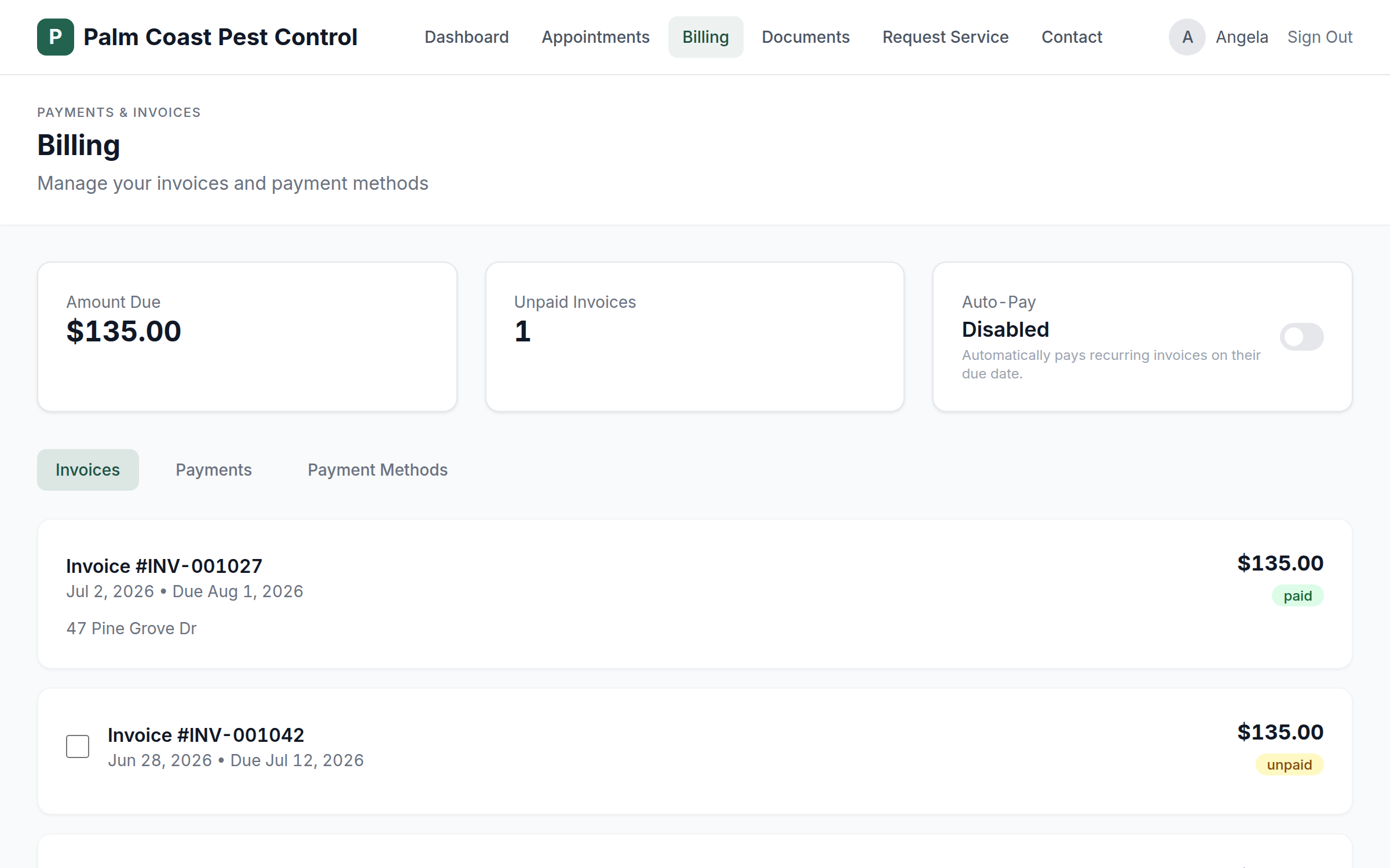Customer portal billing page with amount due, autopay toggle, and payable invoices