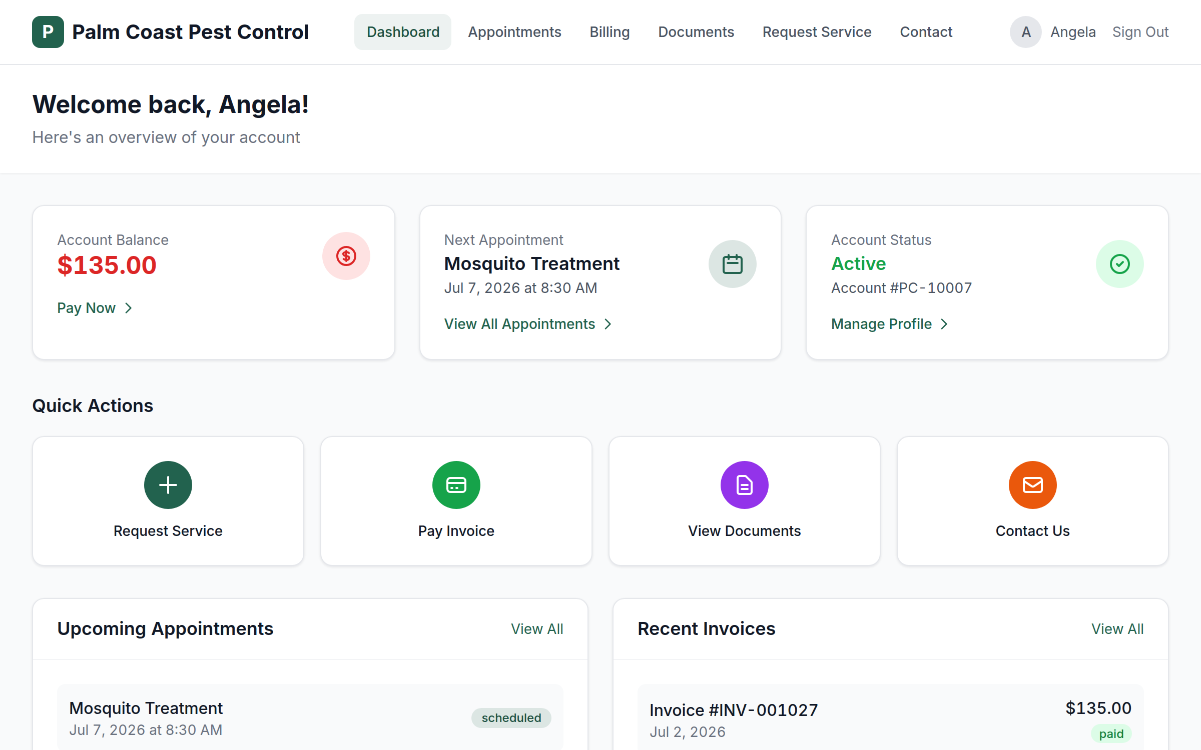 Branded customer portal dashboard with account balance, next appointment, and quick actions