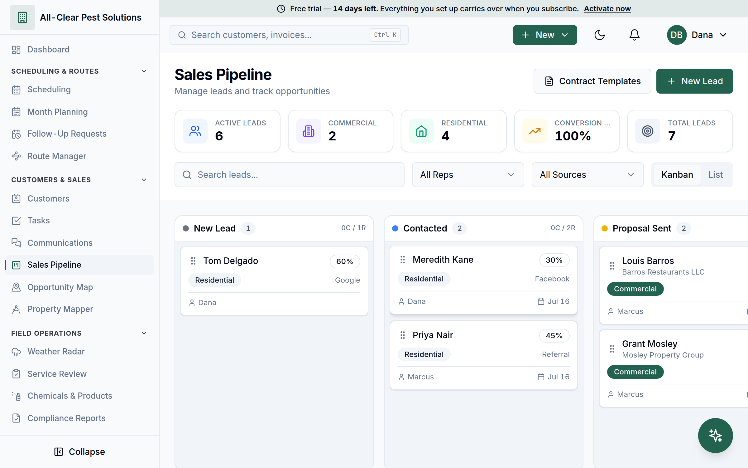 WebWork sales pipeline kanban board with leads in New, Contacted, and Proposal Sent stages, close probabilities, and assigned reps